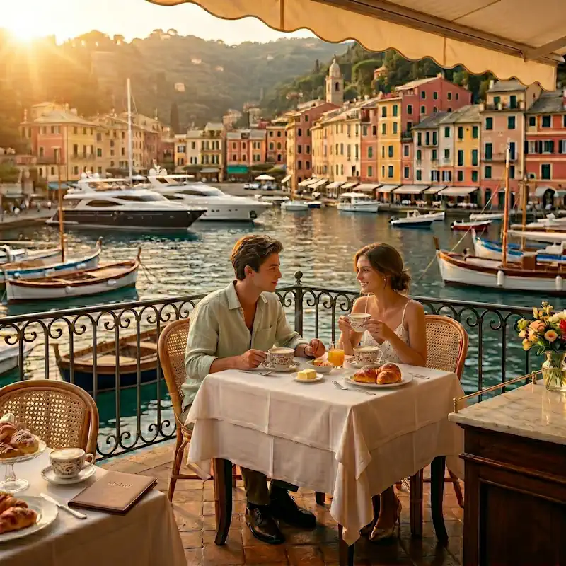 Ett par sitter på en balkong i Portovenere och äter frukost WebP