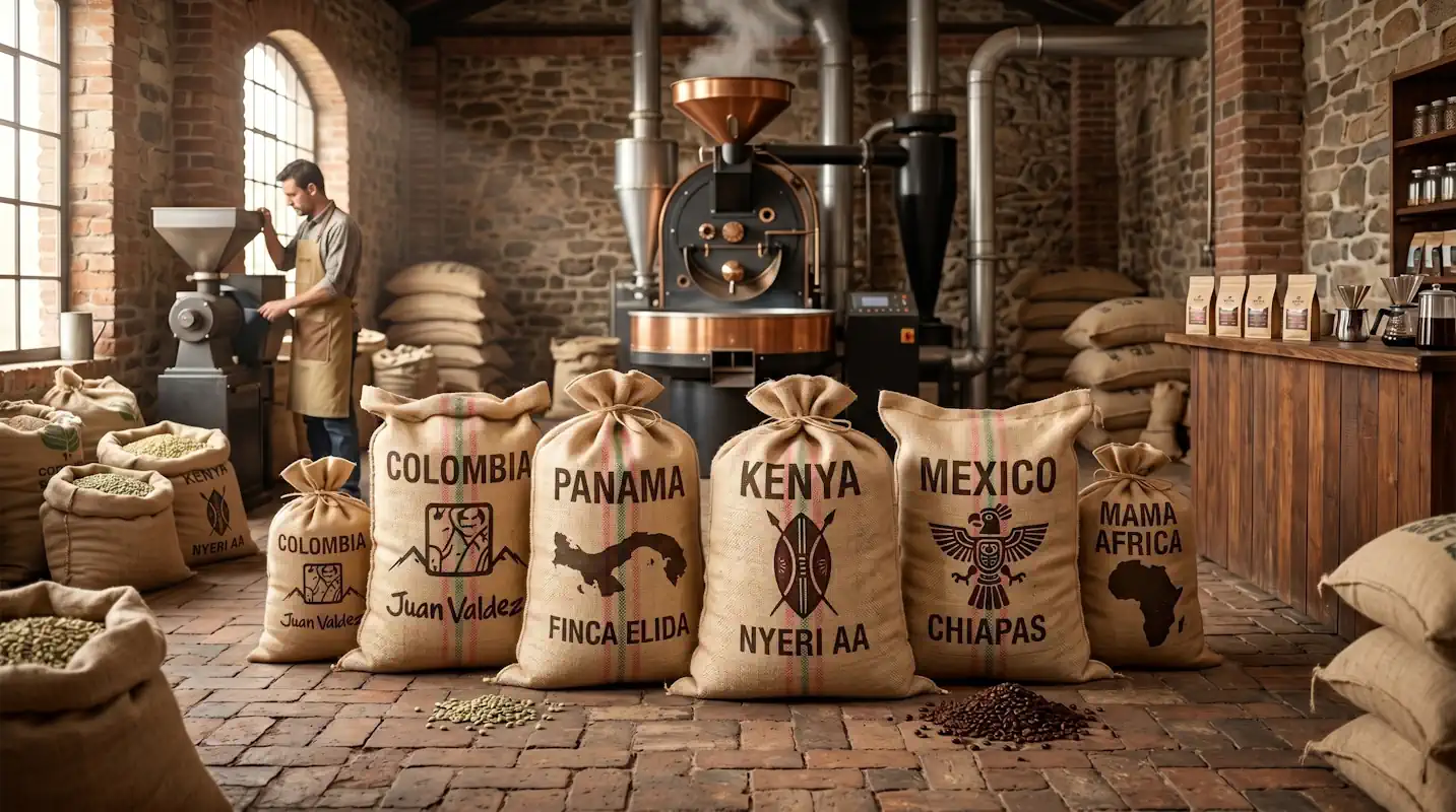 Kafferosteri och säckar rektangulär WebP